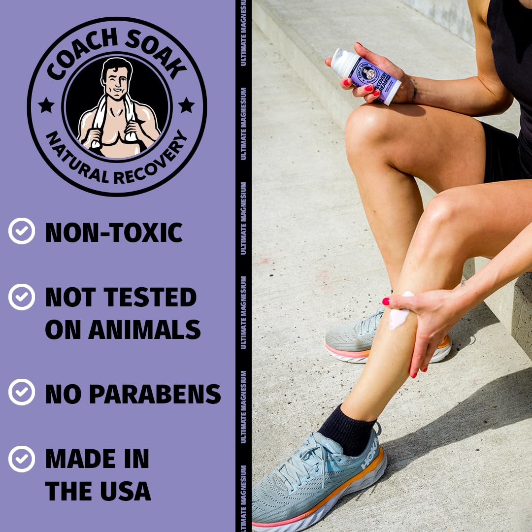 Coach Soak Magnesium Cream with MSM in Pump Bottle - Natural Recovery Cream with Magnesium Chloride & Menthol - Fast-Absorbing for Muscles & Joints, Lavender 3.4oz - Maple Wellness Supplements