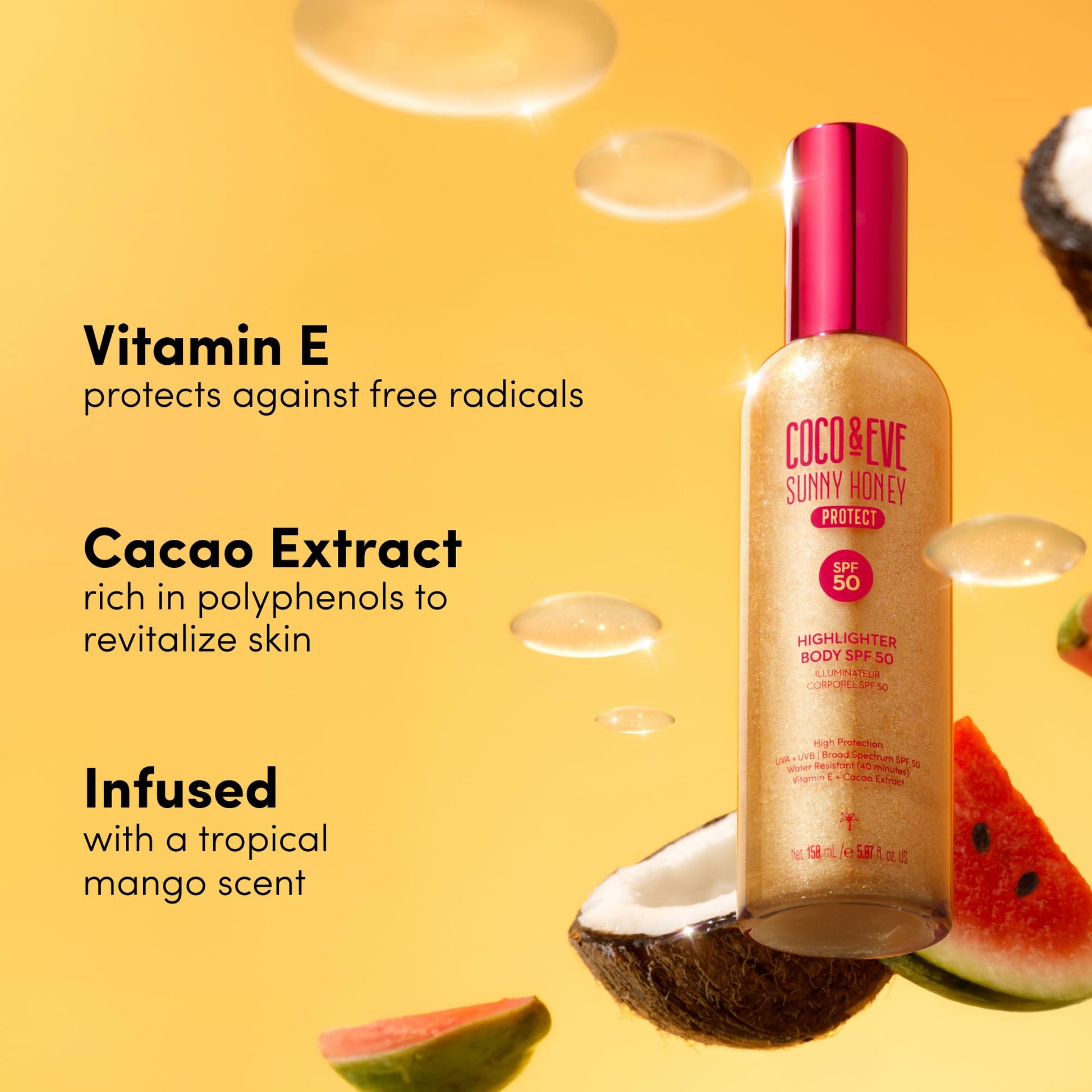Coco & Eve Body Highlighter SPF 50 – Shimmer Sunscreen, Broad Spectrum Sun Protection, Lightweight Serum-Like Lotion with Pearlescent Minerals & Vitamin E for Hydrated & Glowing Skin, 5.07 Fl Oz - Maple Wellness Supplements