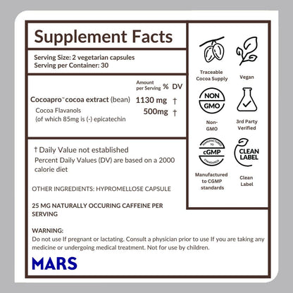 CocoaVia Cocoa Flavanols 500mg – Heart & Brain Support Supplement, High Flavanol Cocoa, Blood Circulation & Memory Booster, Nitric Oxide, Energy & Oxygen Boost, Vegan, Gluten-Free, 60 Capsules - Maple Wellness Supplements