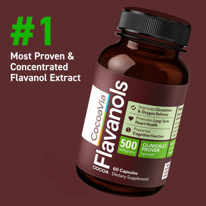 CocoaVia Cocoa Flavanols 500mg – Heart & Brain Support Supplement, High Flavanol Cocoa, Blood Circulation & Memory Booster, Nitric Oxide, Energy & Oxygen Boost, Vegan, Gluten-Free, 60 Capsules - Maple Wellness Supplements