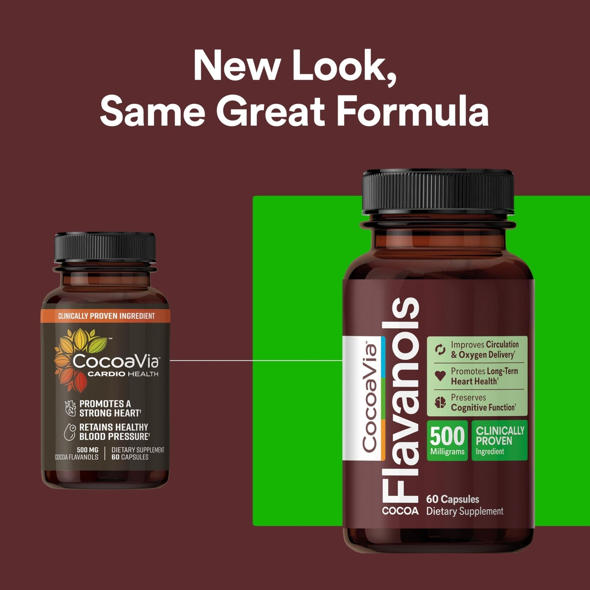 CocoaVia Cocoa Flavanols 500mg – Heart & Brain Support Supplement, High Flavanol Cocoa, Blood Circulation & Memory Booster, Nitric Oxide, Energy & Oxygen Boost, Vegan, Gluten-Free, 60 Capsules - Maple Wellness Supplements