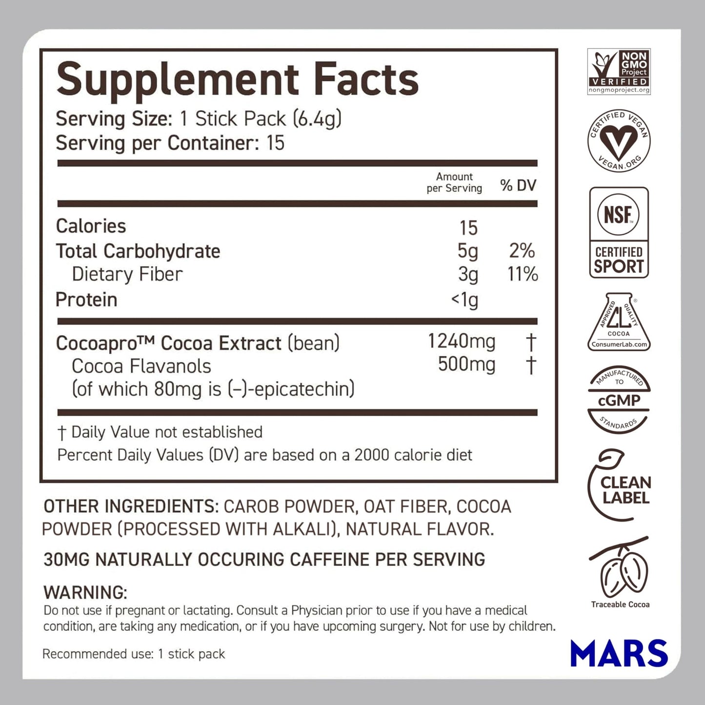 CocoaVia Cocoa Flavanols 500mg, High Flavanol Cocoa Powder, Support Heart and Brain Health, Boosts Nitric Oxide, Circulation, Preworkout, Travel-Friendly, Vegan, Dark Chocolate, 15 Single Serve Sticks - Maple Wellness Supplements
