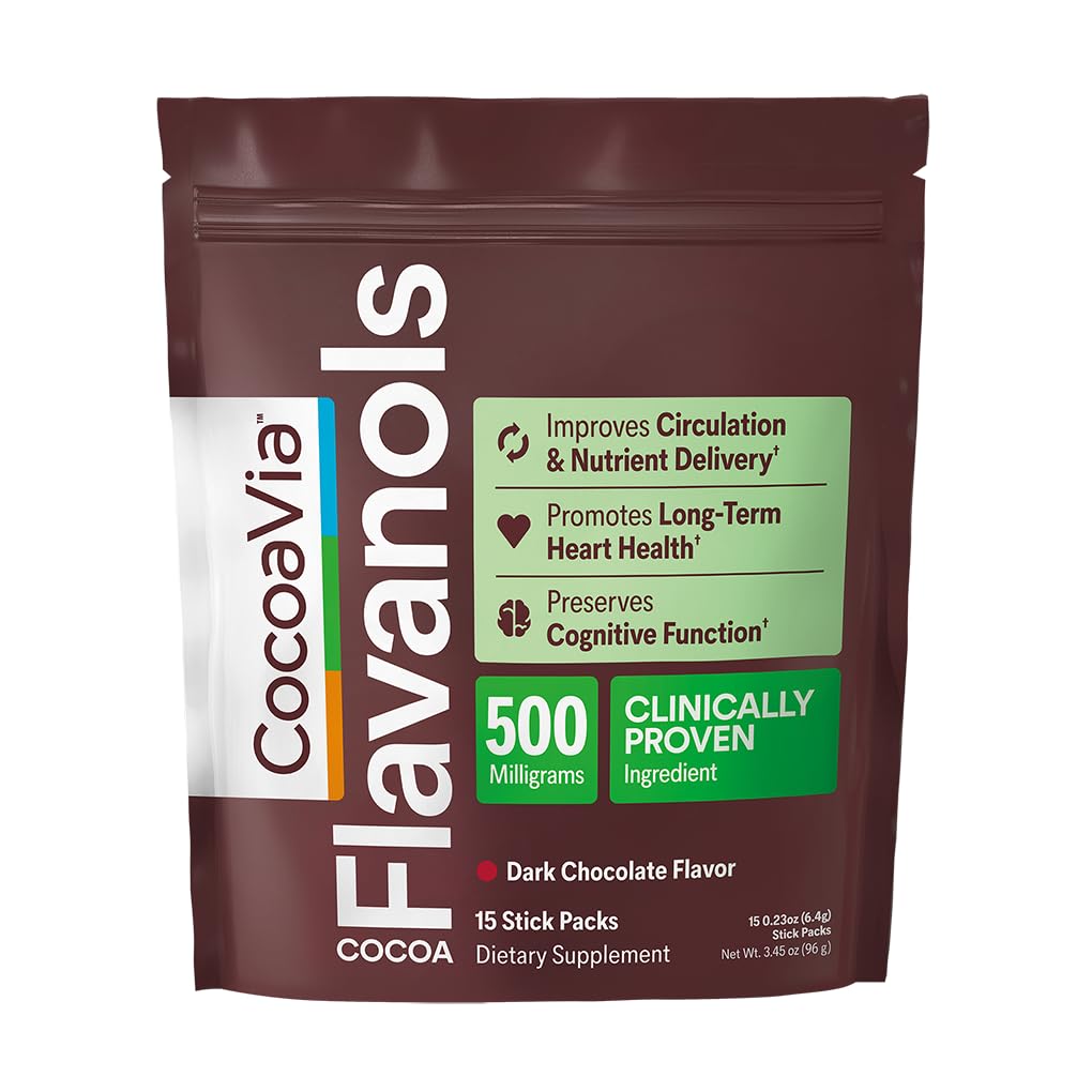 CocoaVia Cocoa Flavanols 500mg, High Flavanol Cocoa Powder, Support Heart and Brain Health, Boosts Nitric Oxide, Circulation, Preworkout, Travel-Friendly, Vegan, Dark Chocolate, 15 Single Serve Sticks - Maple Wellness Supplements