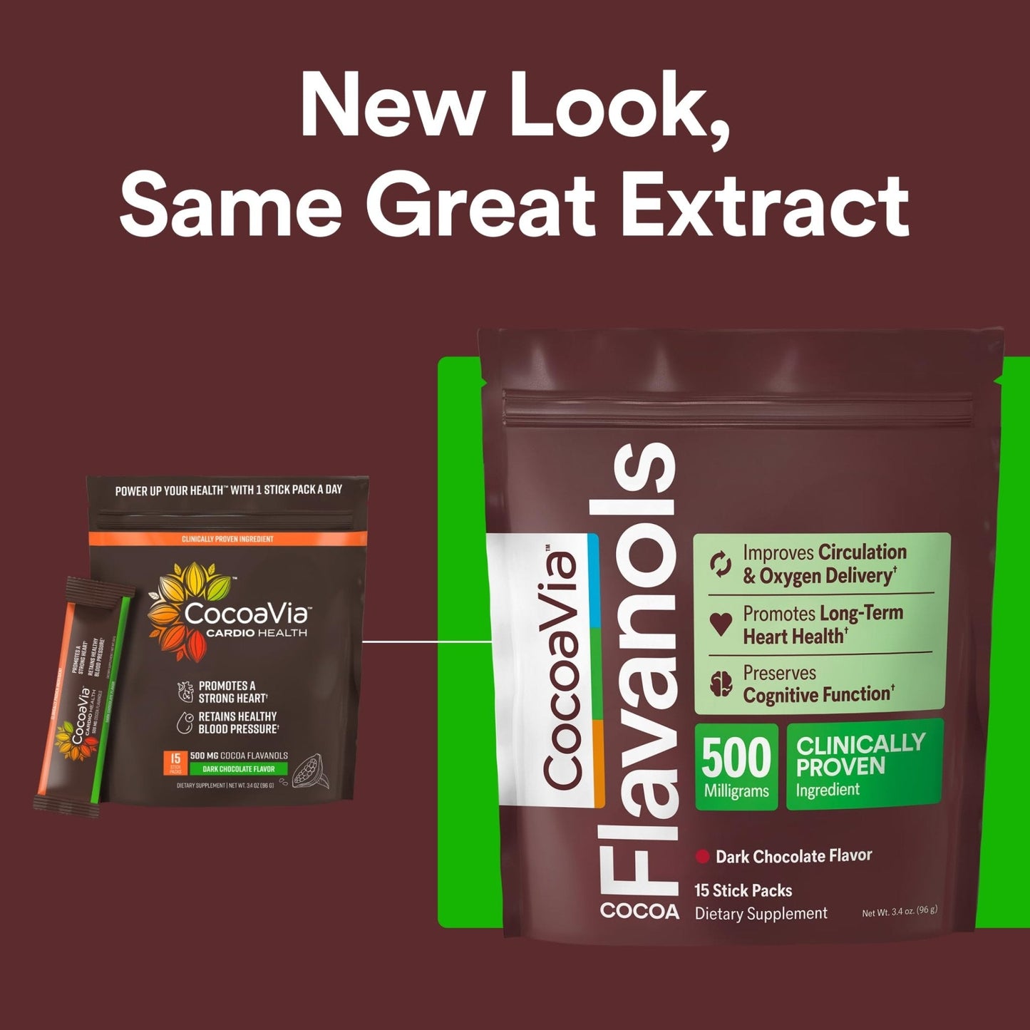 CocoaVia Cocoa Flavanols 500mg, High Flavanol Cocoa Powder, Support Heart and Brain Health, Boosts Nitric Oxide, Circulation, Preworkout, Travel-Friendly, Vegan, Dark Chocolate, 15 Single Serve Sticks - Maple Wellness Supplements