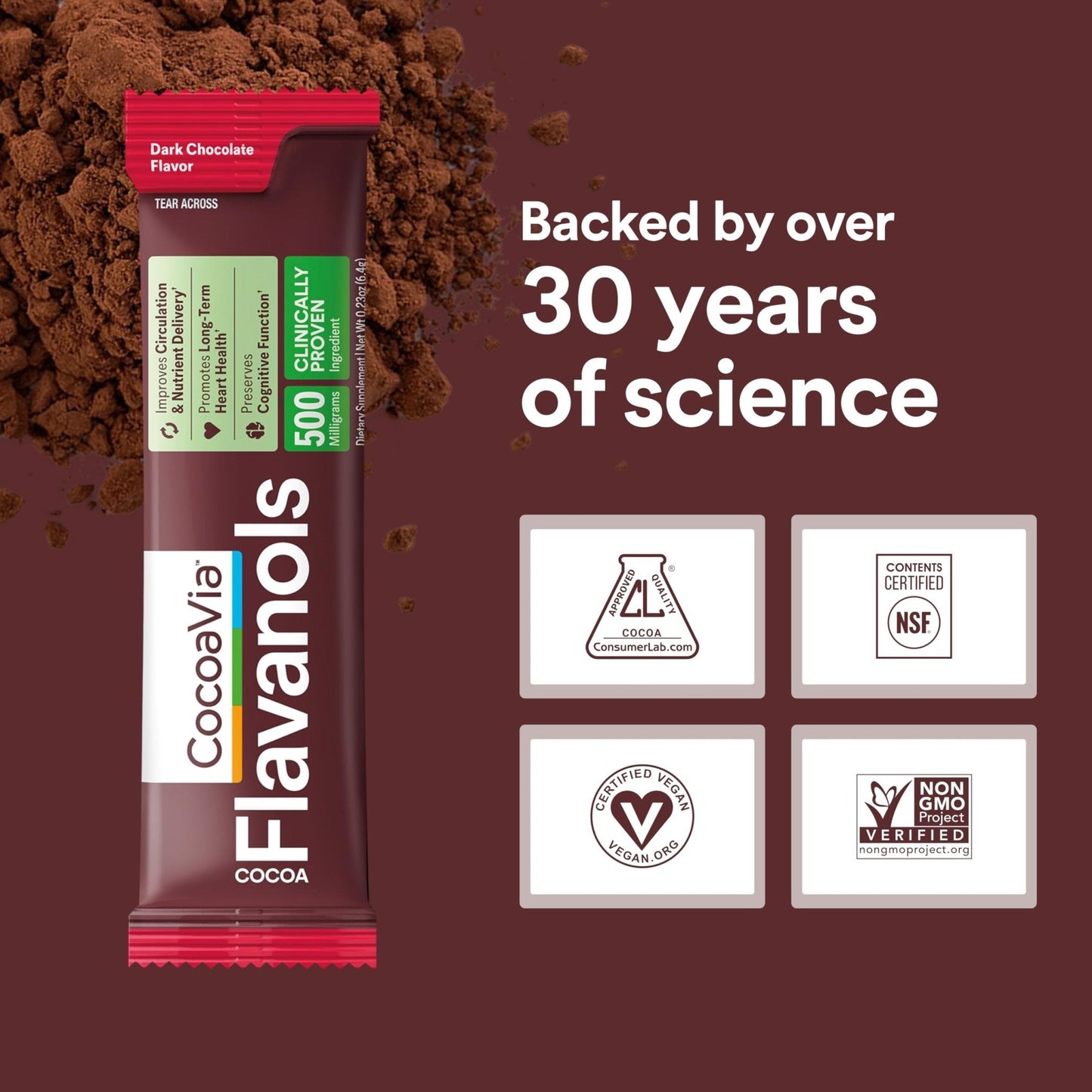 CocoaVia Cocoa Flavanols 500mg, High Flavanol Cocoa Powder, Support Heart and Brain Health, Boosts Nitric Oxide, Circulation, Preworkout, Travel-Friendly, Vegan, Dark Chocolate, 15 Single Serve Sticks - Maple Wellness Supplements