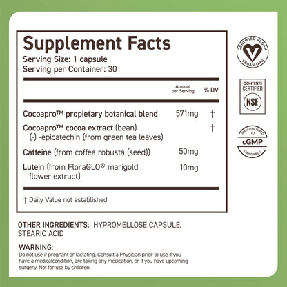 CocoaVia Memory & Focus Brain Supplement, 30 Day, Cocoa Flavanol Blend, Lutein, Added Caffeine for Boost. Improve Cognitive Function, Attention, Vegan & Plant Based, 30 Capsules - Maple Wellness Supplements