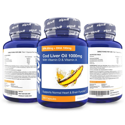 Cod Liver Oil 1000mg, 360 Capsules of High Strength Fish Oil, Rich in Omega 3. Supports - Maple Wellness Supplements