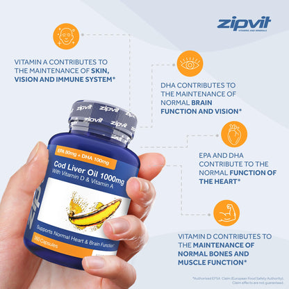 Cod Liver Oil 1000mg, 360 Capsules of High Strength Fish Oil, Rich in Omega 3. Supports - Maple Wellness Supplements