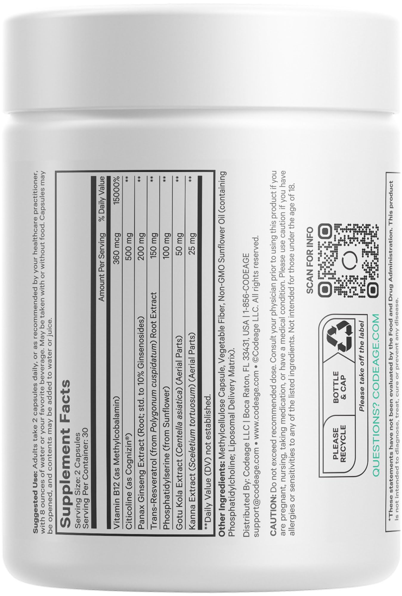 Codeage Brain Focus Vitamins+ Nootropic Supplement with Citicoline as Cognizin, Panax Ginseng, Resveratrol, Gotu Kola, Vitamin B12 Methylcobalamin - Liposomal Delivery - Non-GMO - 60 Capsules - Maple Wellness Supplements