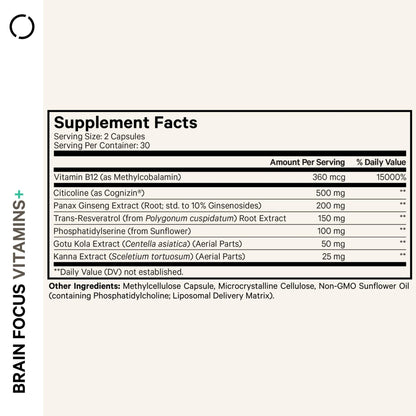 Codeage Brain Focus Vitamins+ Nootropic Supplement with Citicoline as Cognizin, Panax Ginseng, Resveratrol, Gotu Kola, Vitamin B12 Methylcobalamin - Liposomal Delivery - Non-GMO - 60 Capsules - Maple Wellness Supplements