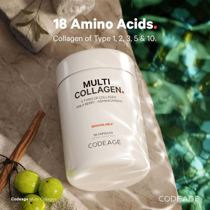 Codeage Multi Collagen Peptides Protein Capsules, 5 Collagen Types, Grass-Fed & Hydrolyzed Bovine Collagen Pills Supplement, Ashwagandha, Amla Berry Vitamins, Collagen Peptides - 90 Capsules - Maple Wellness Supplements