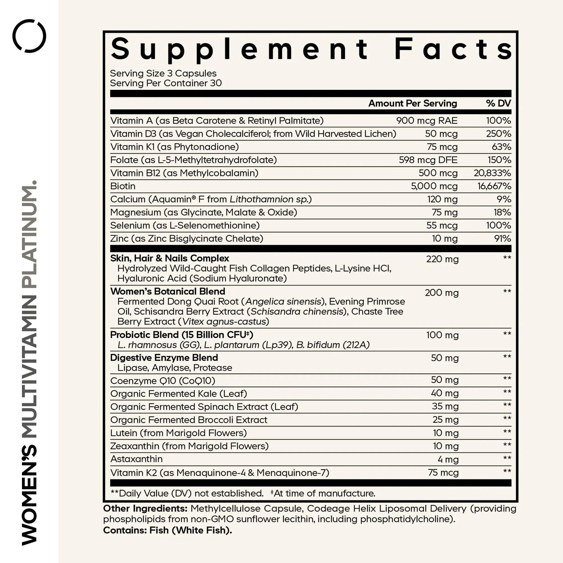 Codeage Women’s Multivitamin Platinum - Vitamins A D3 K1 K2 B12 & Minerals, CoQ10, Skin, Hair & Nails Complex, Collagen, Botanicals, Probiotics - Maple Wellness Supplements