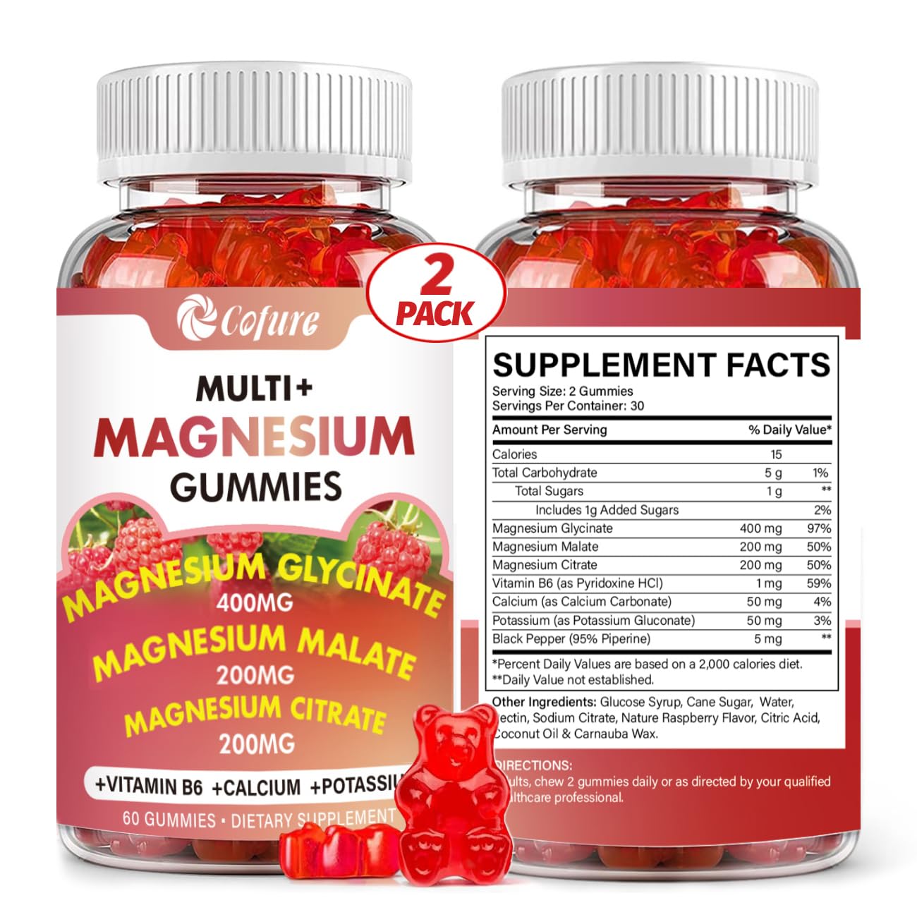 Cofure Triple Magnesium Complex 900 mg, Magnesium Glycinate, Citrate, Malate with Potassium, Calcium, Vitamin B6 for Calm & Sleep - Vegan, Non-GMO, Gluten Free - 120 Raspberry Gummies for Adults - Maple Wellness Supplements