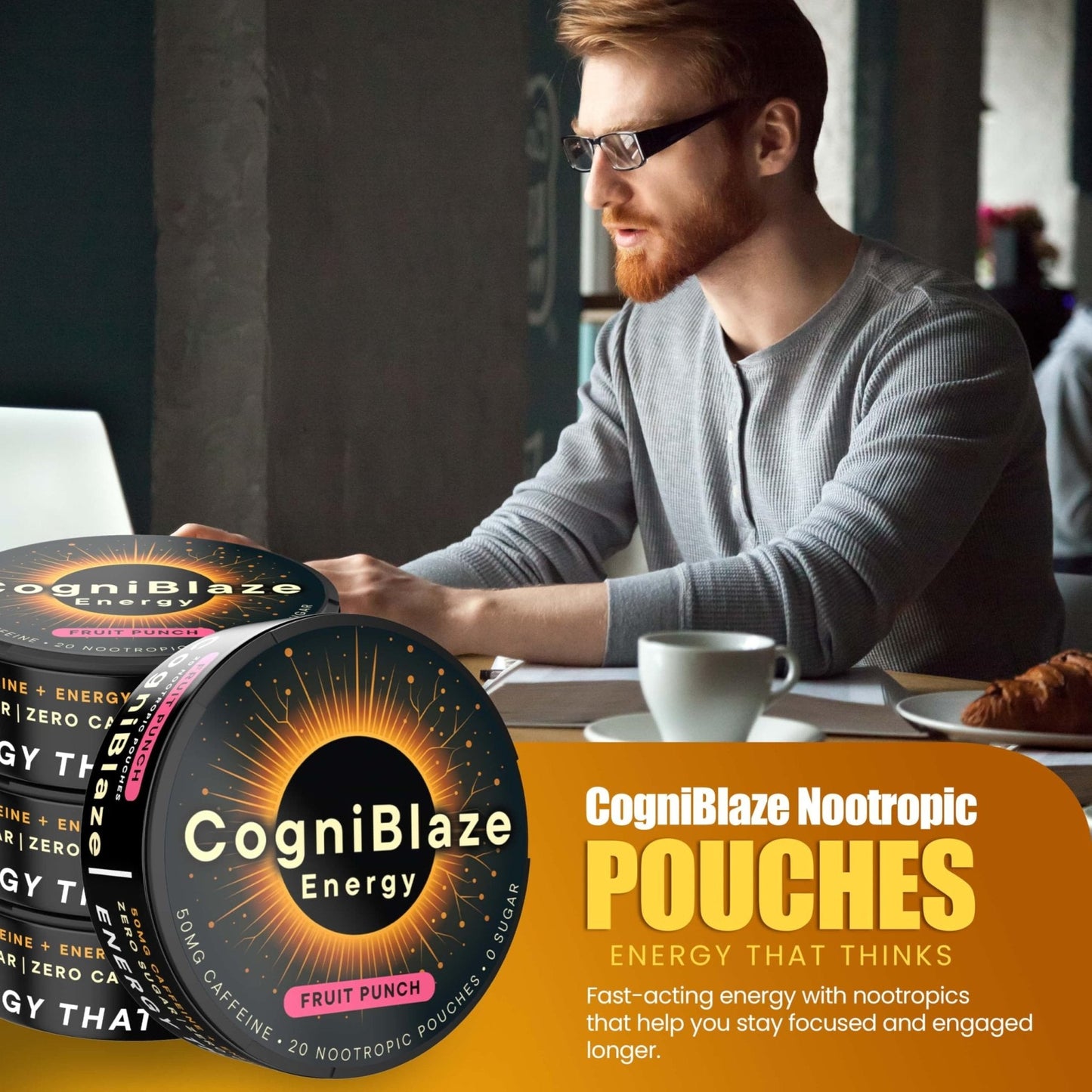 CogniBlaze Caffeine Pouches (Fruit Punch) | Nootropic Energy Pouches with 50mg Caffeine, Alpha GPC, L-Tyrosine & L-Theanine | Zero Sugar | No Artificial Sweeteners | 4 Pack (80 Total) - Maple Wellness Supplements