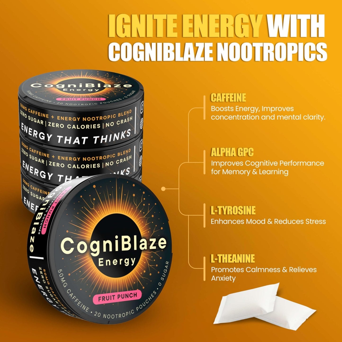 CogniBlaze Caffeine Pouches (Fruit Punch) | Nootropic Energy Pouches with 50mg Caffeine, Alpha GPC, L-Tyrosine & L-Theanine | Zero Sugar | No Artificial Sweeteners | 4 Pack (80 Total) - Maple Wellness Supplements