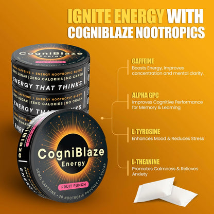 CogniBlaze Caffeine Pouches (Fruit Punch) | Nootropic Energy Pouches with 50mg Caffeine, Alpha GPC, L-Tyrosine & L-Theanine | Zero Sugar | No Artificial Sweeteners | 4 Pack (80 Total) - Maple Wellness Supplements