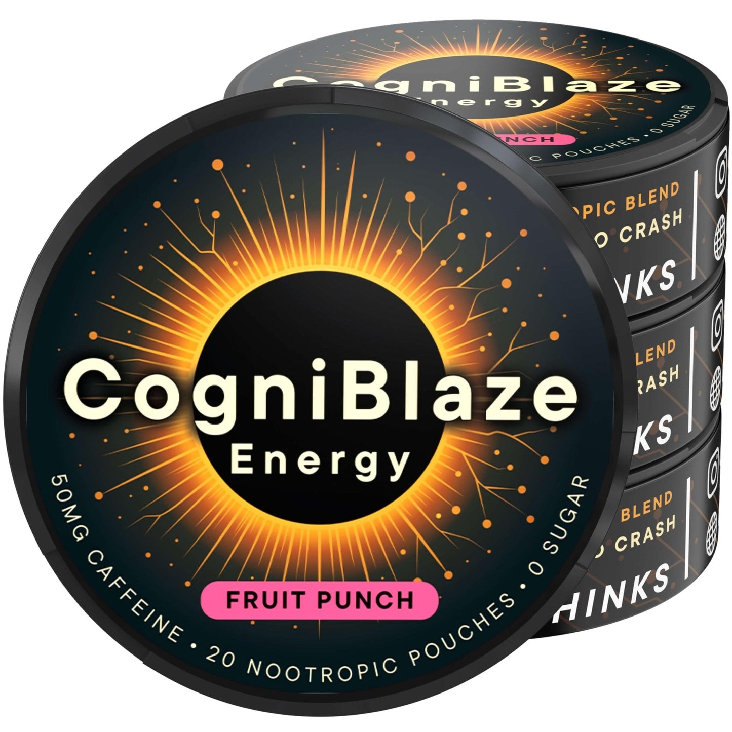 CogniBlaze Caffeine Pouches (Fruit Punch) | Nootropic Energy Pouches with 50mg Caffeine, Alpha GPC, L-Tyrosine & L-Theanine | Zero Sugar | No Artificial Sweeteners | 4 Pack (80 Total) - Maple Wellness Supplements