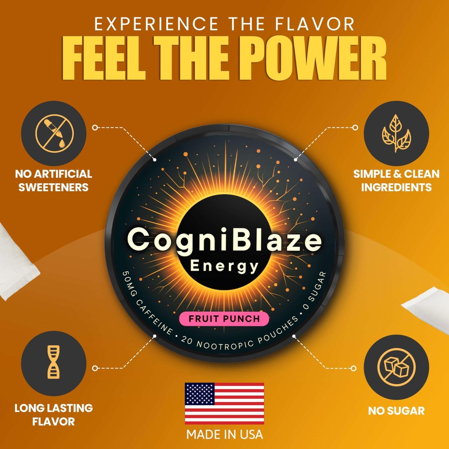 CogniBlaze Caffeine Pouches (Fruit Punch) | Nootropic Energy Pouches with 50mg Caffeine, Alpha GPC, L-Tyrosine & L-Theanine | Zero Sugar | No Artificial Sweeteners | 4 Pack (80 Total) - Maple Wellness Supplements