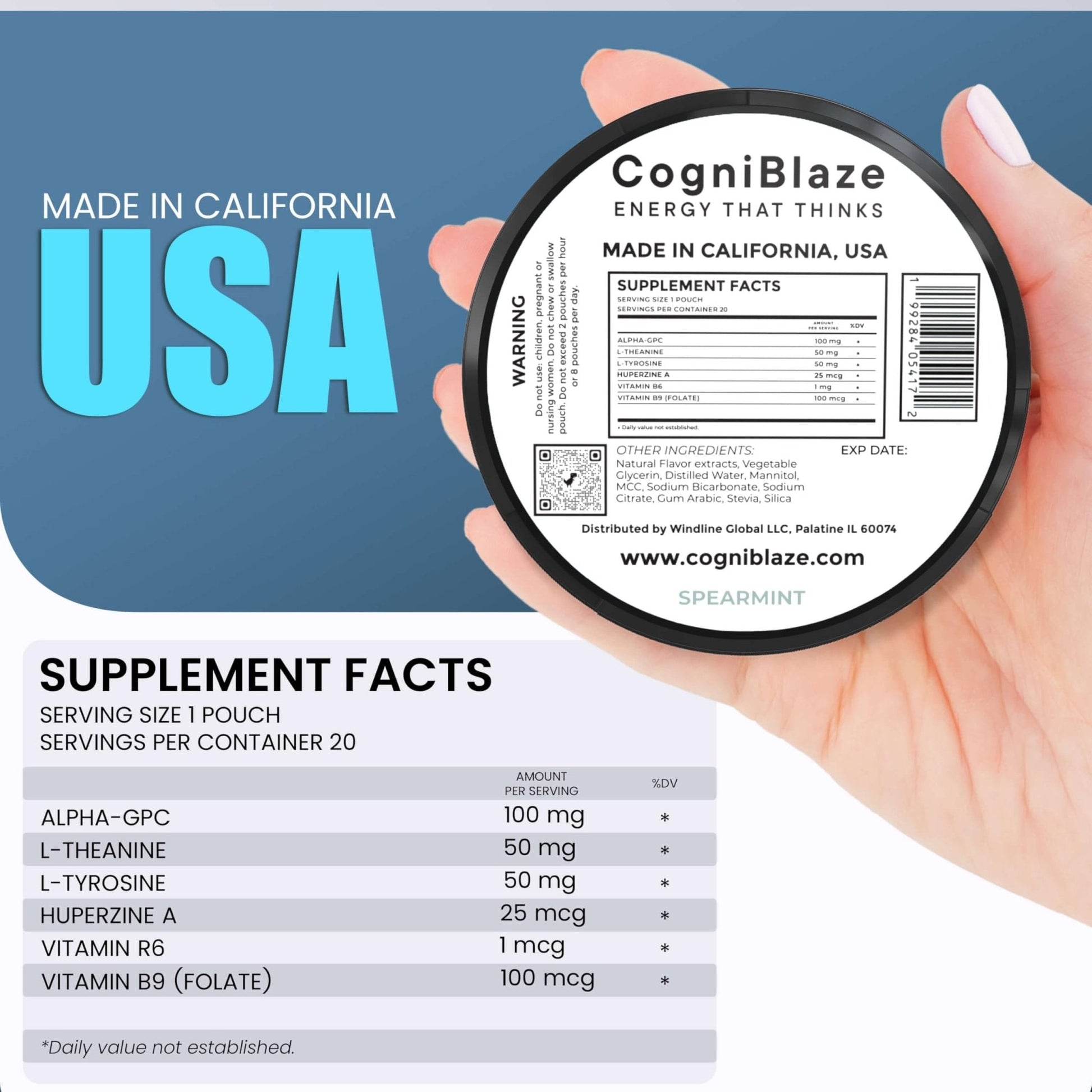 CogniBlaze Nootropic Pouches Caffeine Free (Spearmint) | 80 Focus Pouches for Clarity | 4 Pack (20 Per Can) | Mental Energy Pouches | 25mcg Huperzine A per Nootropic Pouch | Zero Calories - Maple Wellness Supplements