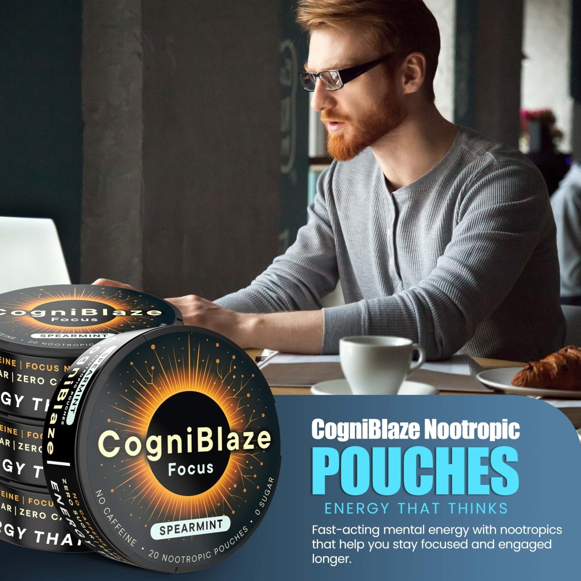 CogniBlaze Nootropic Pouches Caffeine Free (Spearmint) | 80 Focus Pouches for Clarity | 4 Pack (20 Per Can) | Mental Energy Pouches | 25mcg Huperzine A per Nootropic Pouch | Zero Calories - Maple Wellness Supplements