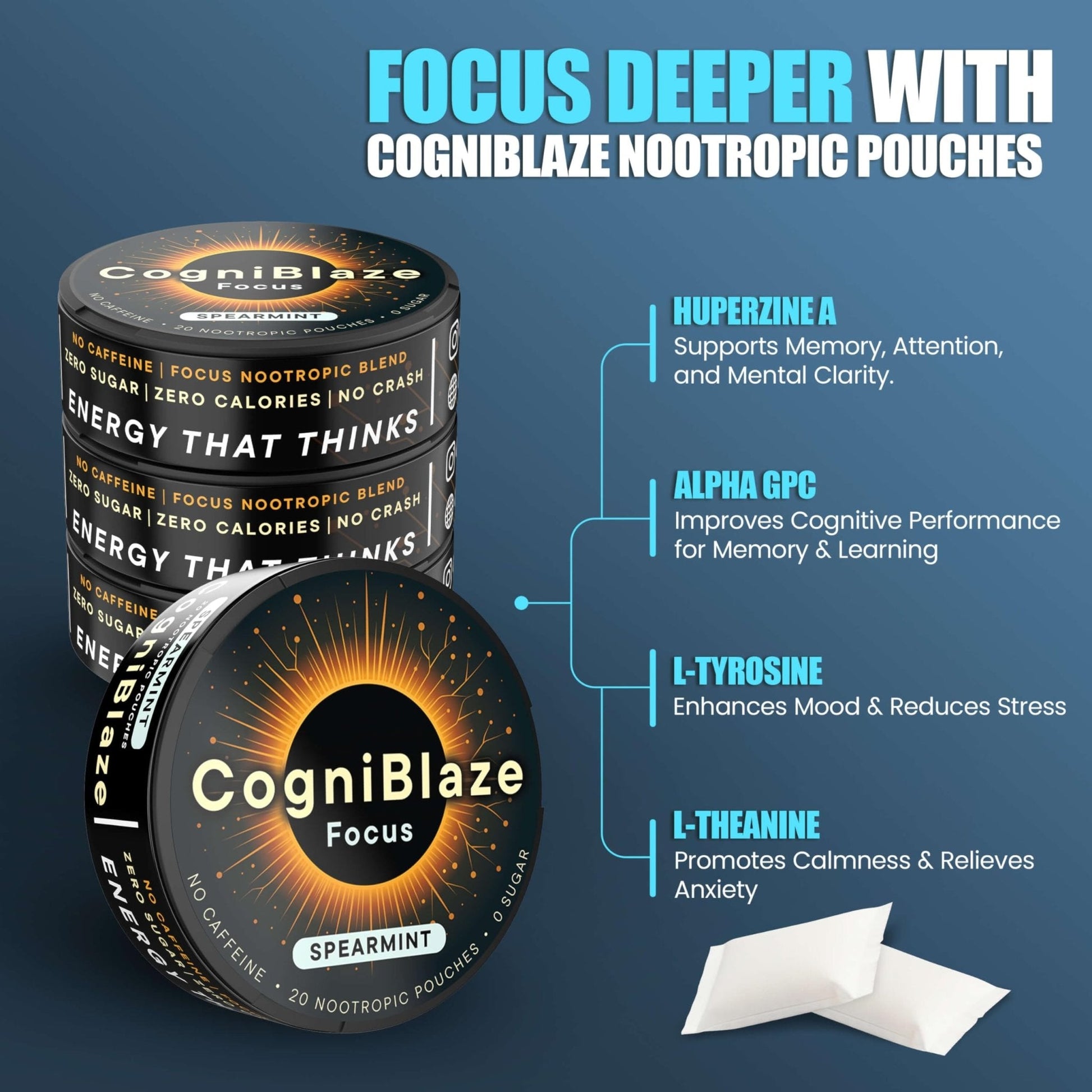 CogniBlaze Nootropic Pouches Caffeine Free (Spearmint) | 80 Focus Pouches for Clarity | 4 Pack (20 Per Can) | Mental Energy Pouches | 25mcg Huperzine A per Nootropic Pouch | Zero Calories - Maple Wellness Supplements