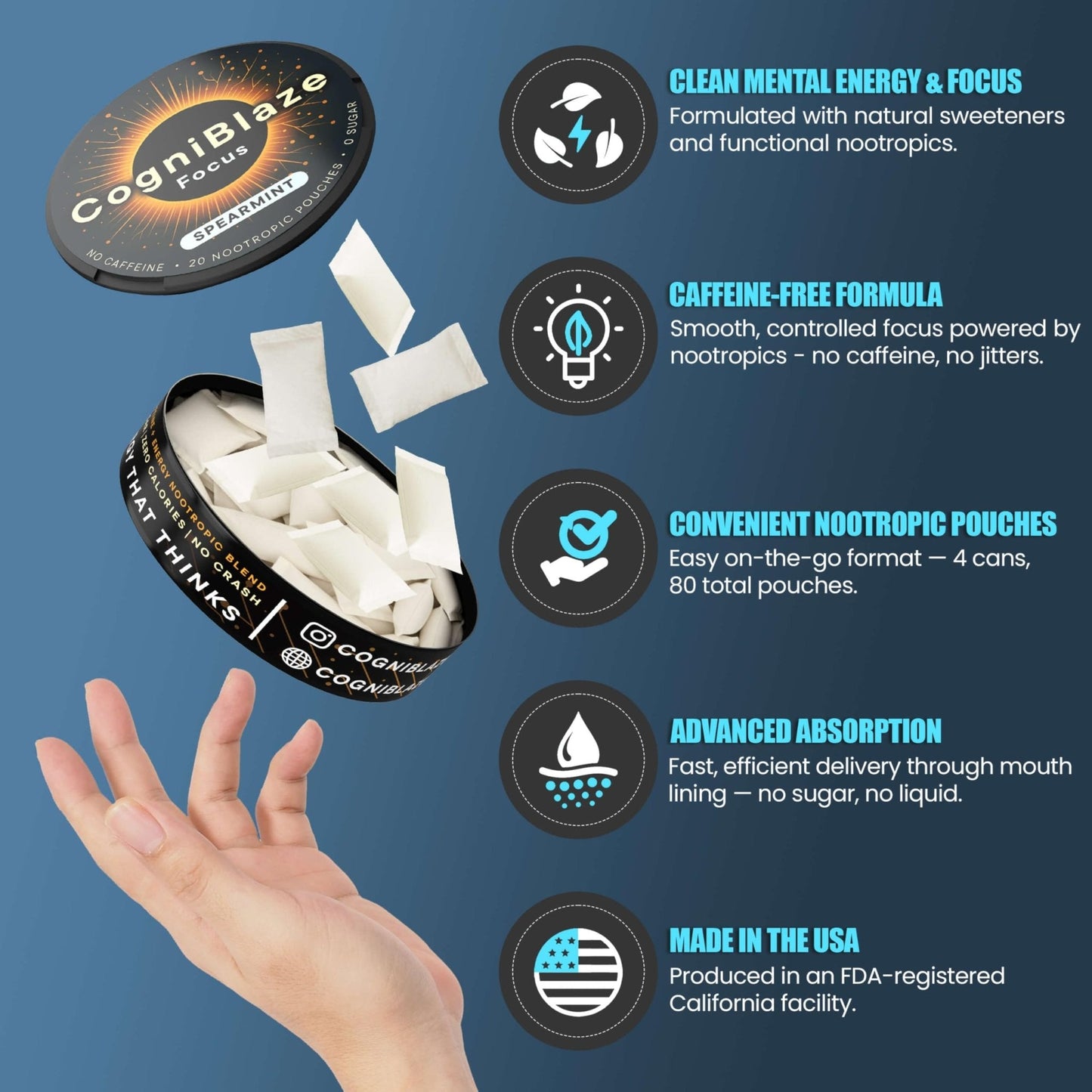 CogniBlaze Nootropic Pouches Caffeine Free (Spearmint) | 80 Focus Pouches for Clarity | 4 Pack (20 Per Can) | Mental Energy Pouches | 25mcg Huperzine A per Nootropic Pouch | Zero Calories - Maple Wellness Supplements