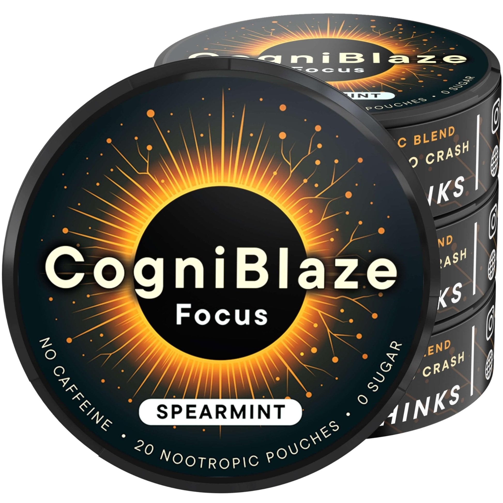 CogniBlaze Nootropic Pouches Caffeine Free (Spearmint) | 80 Focus Pouches for Clarity | 4 Pack (20 Per Can) | Mental Energy Pouches | 25mcg Huperzine A per Nootropic Pouch | Zero Calories - Maple Wellness Supplements
