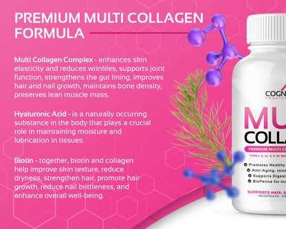 CogniTune Multi Collagen Peptides for Women with Biotin, Hyaluronic Acid, Vitamin C - 5 Types I II III V X Colageno Hidrolizado - 2000mg Hair Skin Nails Joints Support - 120 Capsules - Maple Wellness Supplements