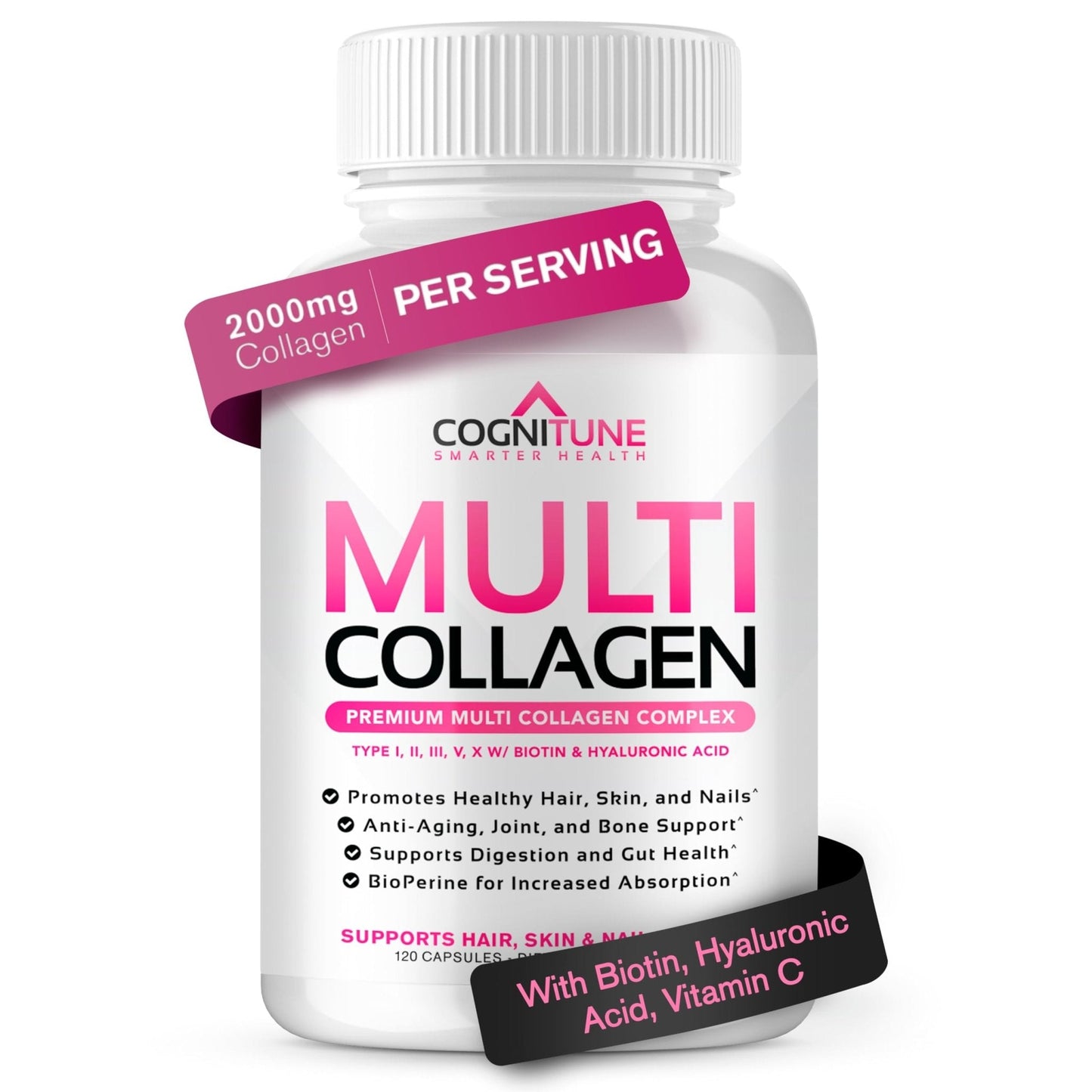 CogniTune Multi Collagen Peptides for Women with Biotin, Hyaluronic Acid, Vitamin C - 5 Types I II III V X Colageno Hidrolizado - 2000mg Hair Skin Nails Joints Support - 120 Capsules - Maple Wellness Supplements