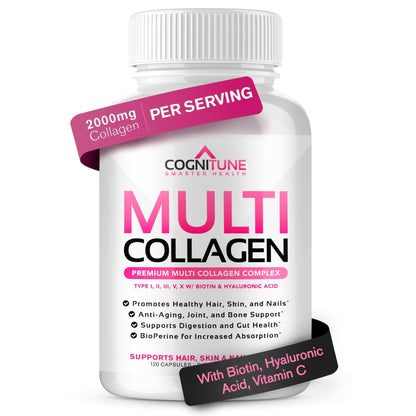 CogniTune Multi Collagen Peptides for Women with Biotin, Hyaluronic Acid, Vitamin C - 5 Types I II III V X Colageno Hidrolizado - 2000mg Hair Skin Nails Joints Support - 120 Capsules - Maple Wellness Supplements