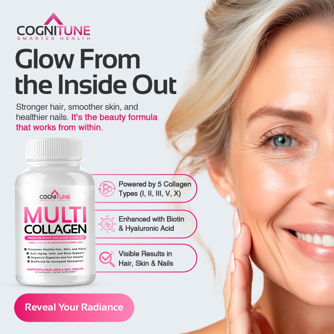 CogniTune Multi Collagen Peptides for Women with Biotin, Hyaluronic Acid, Vitamin C - 5 Types I II III V X Colageno Hidrolizado - 2000mg Hair Skin Nails Joints Support - 120 Capsules - Maple Wellness Supplements