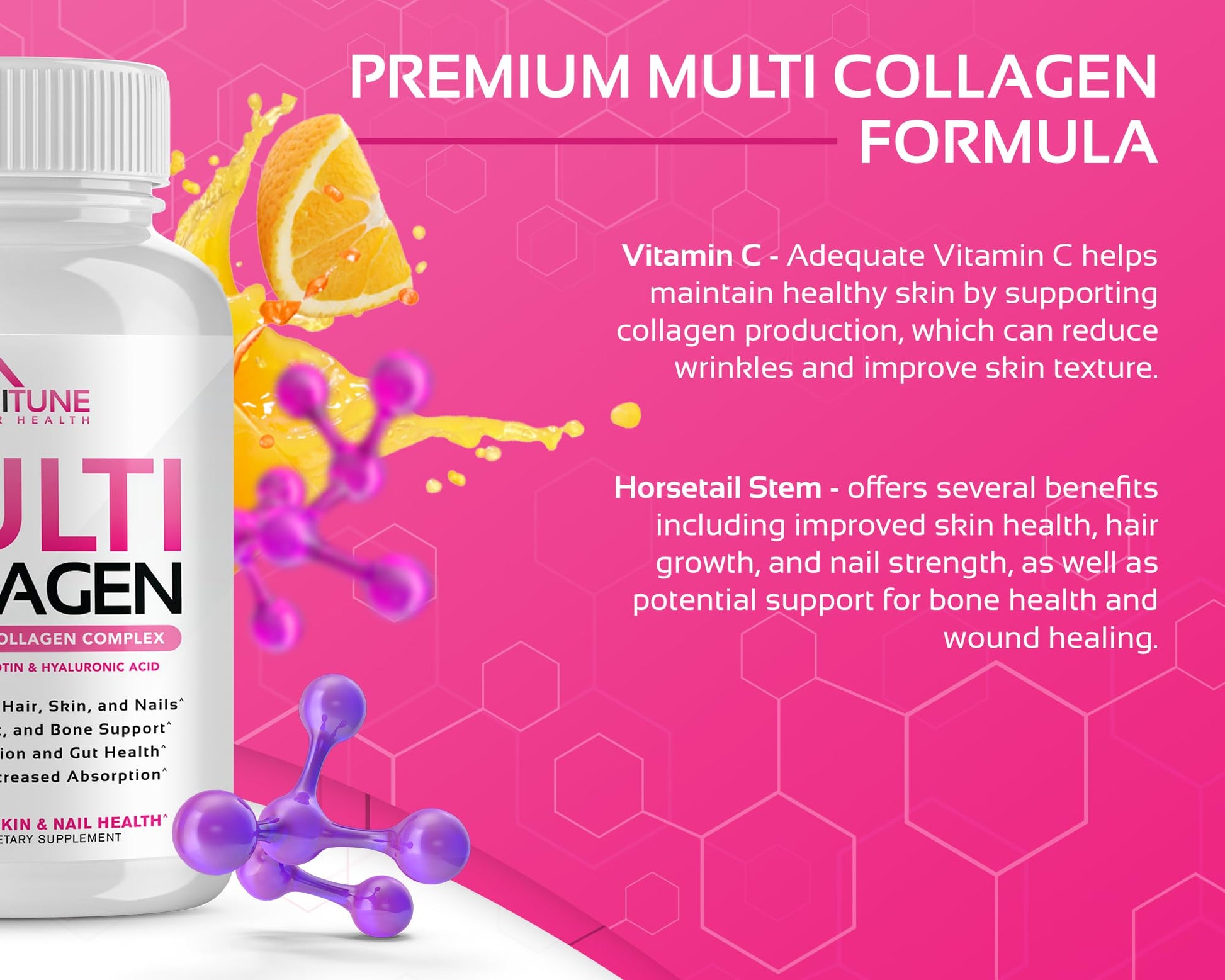 CogniTune Multi Collagen Peptides for Women with Biotin, Hyaluronic Acid, Vitamin C - 5 Types I II III V X Colageno Hidrolizado - 2000mg Hair Skin Nails Joints Support - 120 Capsules - Maple Wellness Supplements