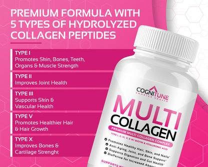 CogniTune Multi Collagen Peptides for Women with Biotin, Hyaluronic Acid, Vitamin C - 5 Types I II III V X Colageno Hidrolizado - 2000mg Hair Skin Nails Joints Support - 120 Capsules - Maple Wellness Supplements