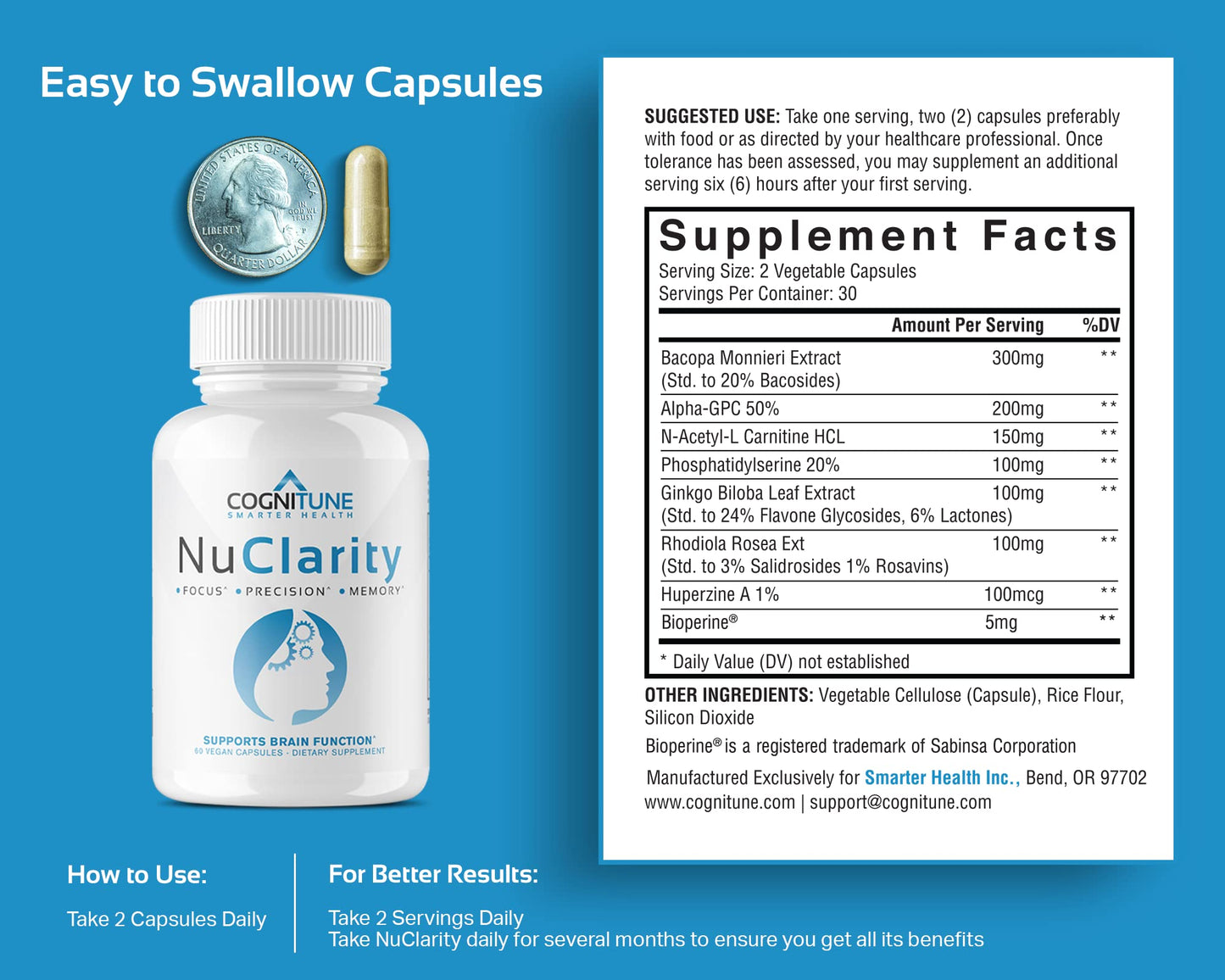CogniTune NuClarity Brain Supplement for Memory and Focus - Caffeine-Free Nootropic for Mental Clarity Without Jitters - with Ginkgo Biloba, Bacopa Monnieri, Alpha-GPC for Cognitive Support - Maple Wellness Supplements