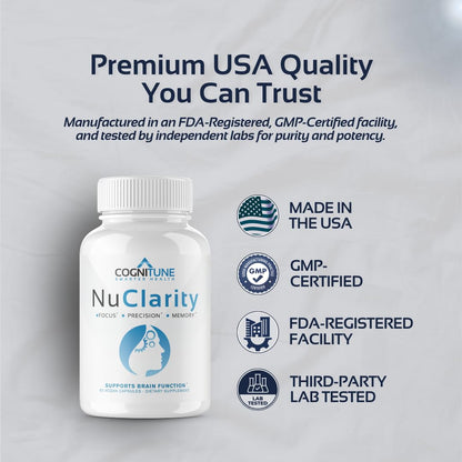 CogniTune NuClarity Brain Supplement for Memory and Focus - Caffeine-Free Nootropic for Mental Clarity Without Jitters - with Ginkgo Biloba, Bacopa Monnieri, Alpha-GPC for Cognitive Support - Maple Wellness Supplements