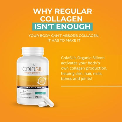 Colasil Collagen Booster Capsules – Organic Silica (OSA) + Hydrolyzed Collagen Generator for Hair, Skin, Nails, Bones & Joints – High Absorption, Non-GMO, Allergen-Free, 120 Capsules (60-Day Supply) - Maple Wellness Supplements