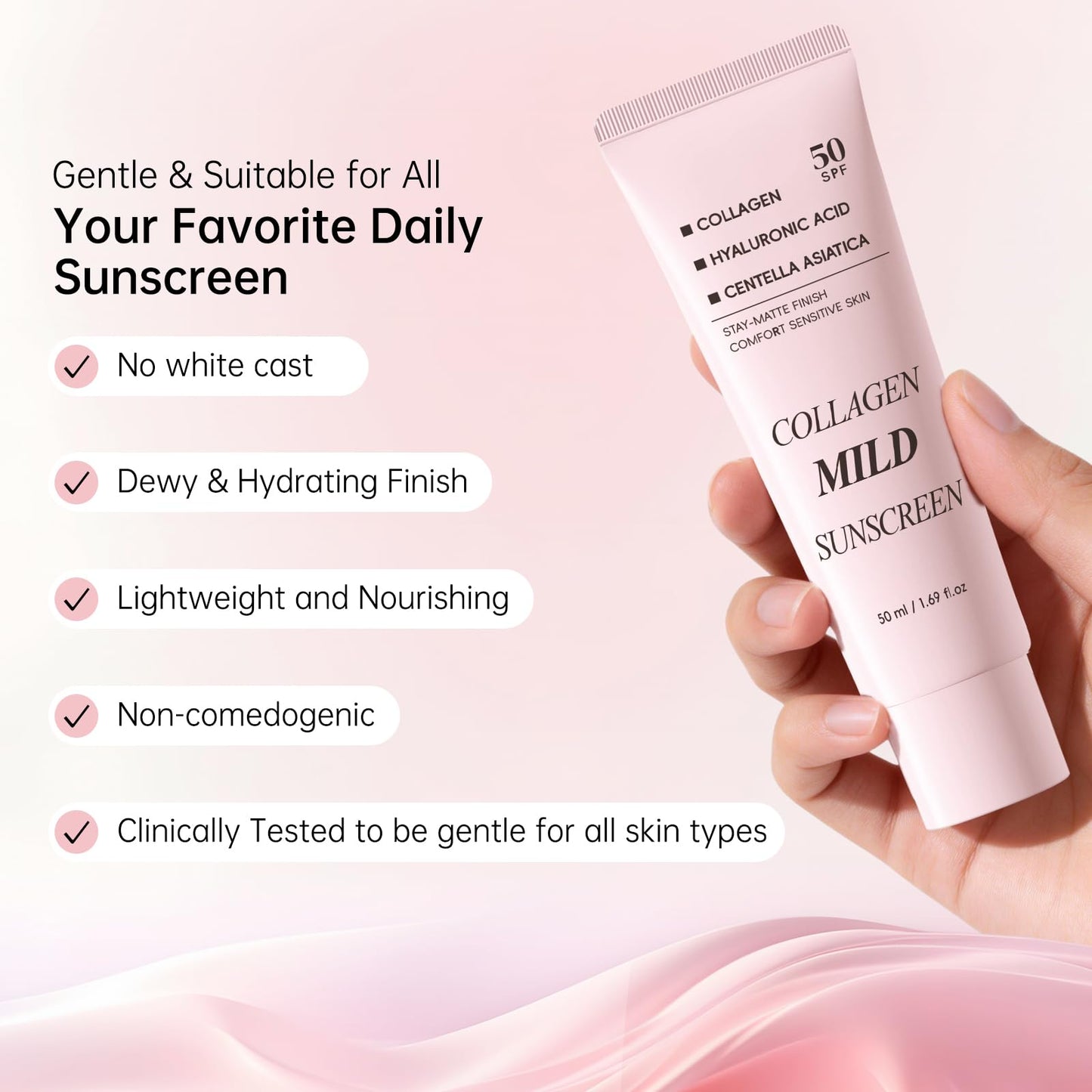 Collagen Mild Sunscreen SPF 50 for Face, Broad Spectrum Protection, Hydrating Facial Sunscreen with Peptides & Cica, Lightweight Non-Greasy, No White Cast, Natural Glow, Travel Size (2 PCS) - Maple Wellness Supplements