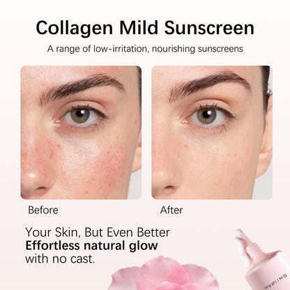 Collagen Mild Sunscreen SPF 50 for Face, Broad Spectrum Protection, Hydrating Facial Sunscreen with Peptides & Cica, Lightweight Non-Greasy, No White Cast, Natural Glow, Travel Size (2 PCS) - Maple Wellness Supplements