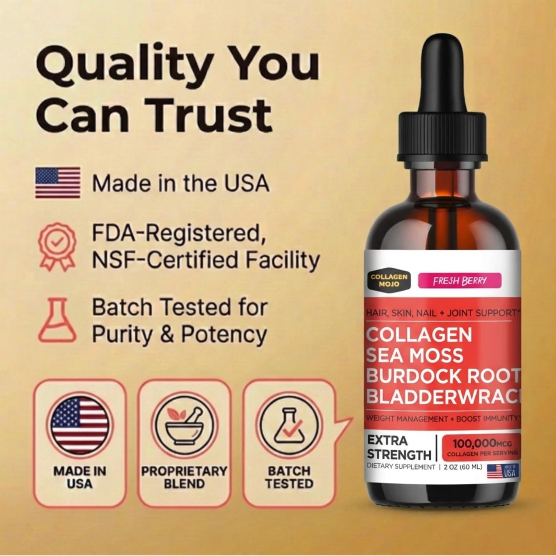 Collagen Mojo - Liquid Collagen with Irish Sea Moss for Women & Men - Collagen Peptides Drops with Burdock Root & Bladderwrack - Hair, Skin, Nails, Joint & Weight Management - 100,000mcg, 2 Oz - Maple Wellness Supplements
