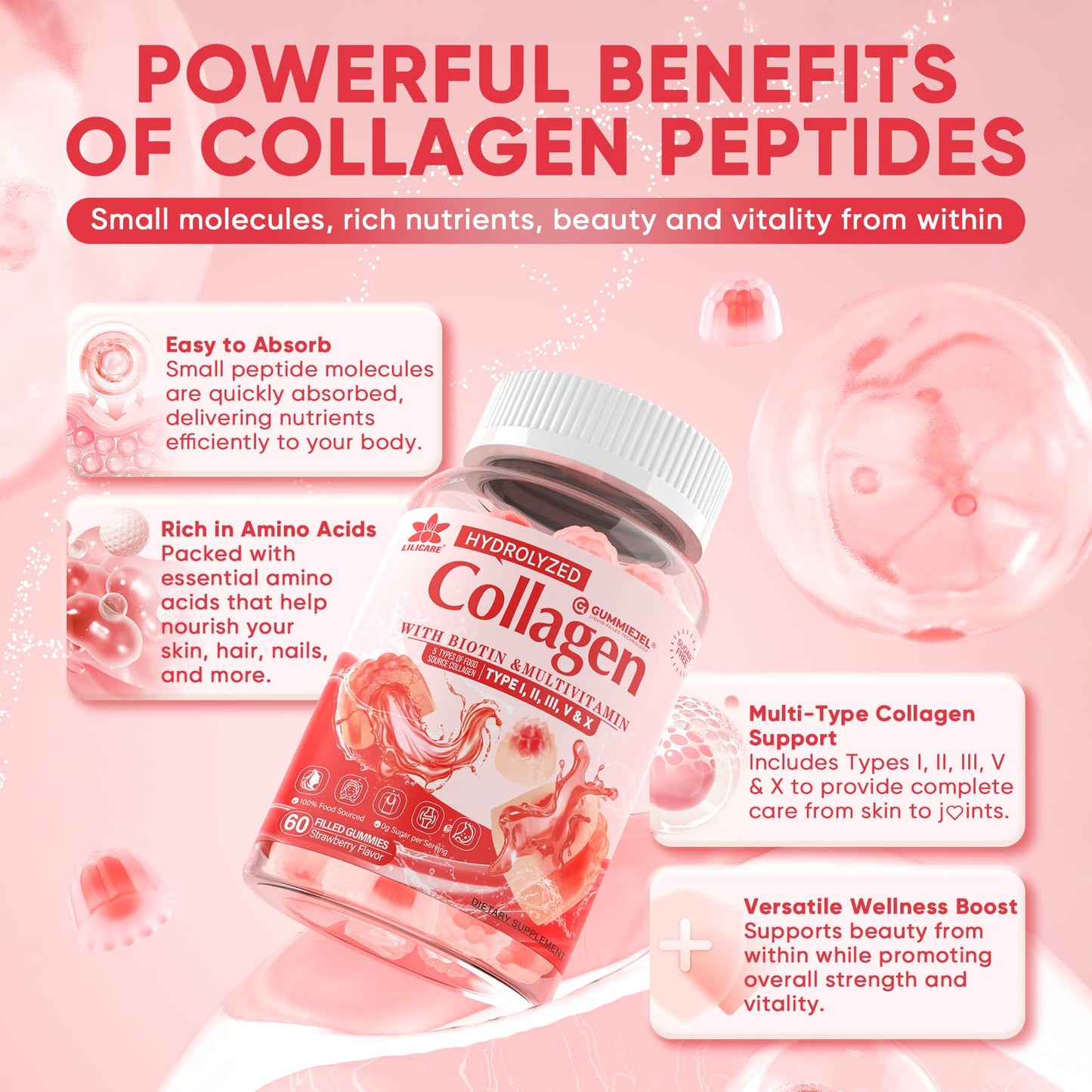 Collagen Peptide Gummies for Women & Men Sugar-Free, Multi Collagen Hydrolyzed w/ 1500mg Protein Type I,II,III,V,X, 5000mcg Biotin, Methylated B12, Vitamin C A E D3 B6 - Maple Wellness Supplements