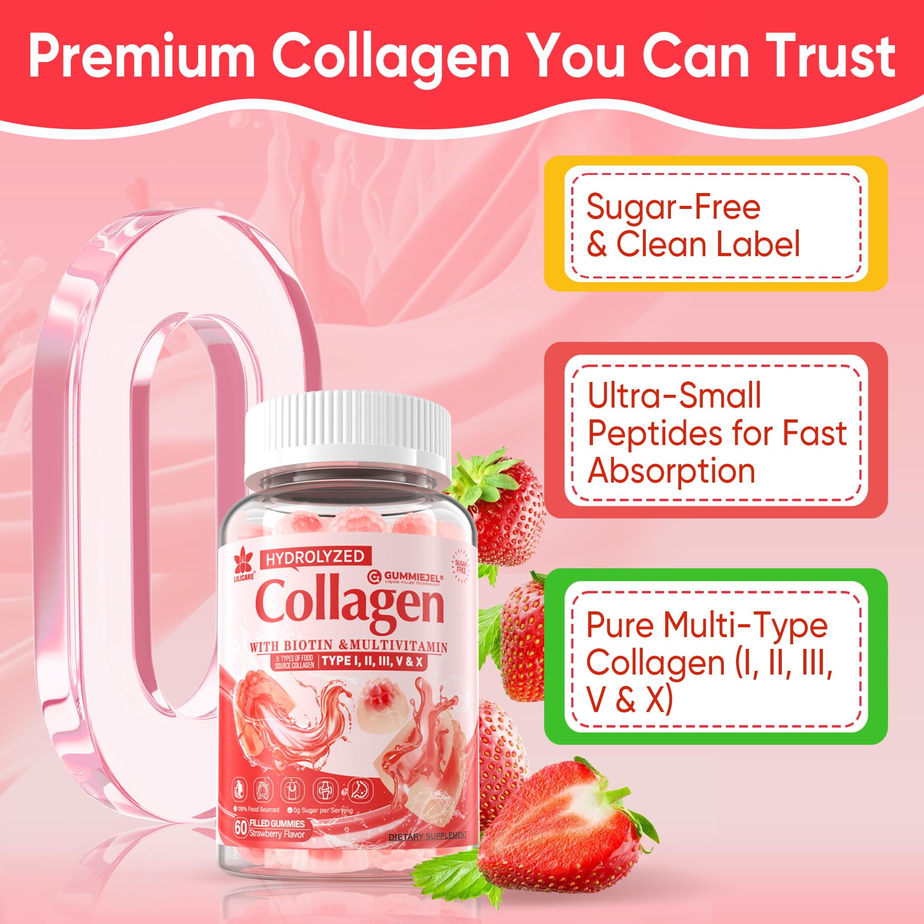 Collagen Peptide Gummies for Women & Men Sugar-Free, Multi Collagen Hydrolyzed w/ 1500mg Protein Type I,II,III,V,X, 5000mcg Biotin, Methylated B12, Vitamin C A E D3 B6 - Maple Wellness Supplements