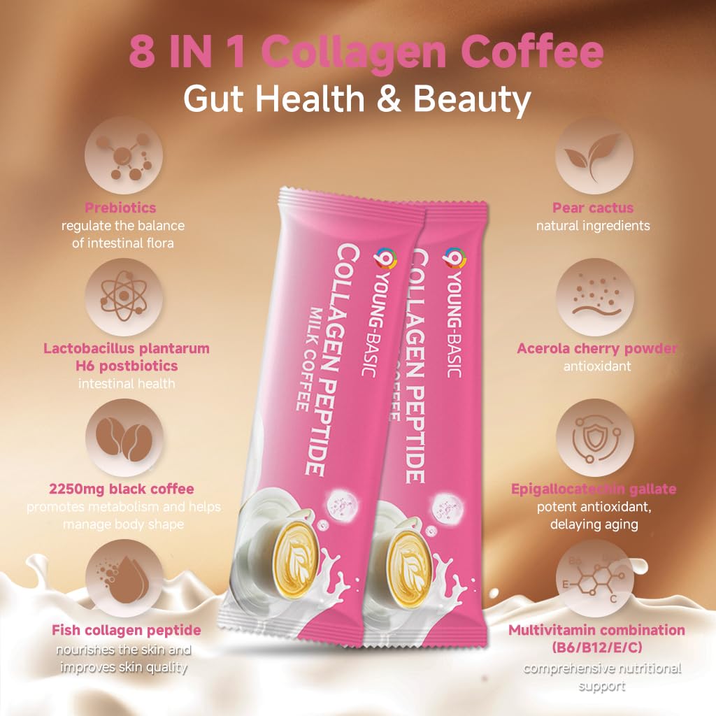 Collagen Peptide Milk Coffee - Rich in Premium Marine Fish Collagen Peptides, Multivitamins (B6/B12/C/E) and Prebiotics, Instant Milk Coffee with Creamer for Skin, Antioxidant, Aging and Gut Health - Maple Wellness Supplements