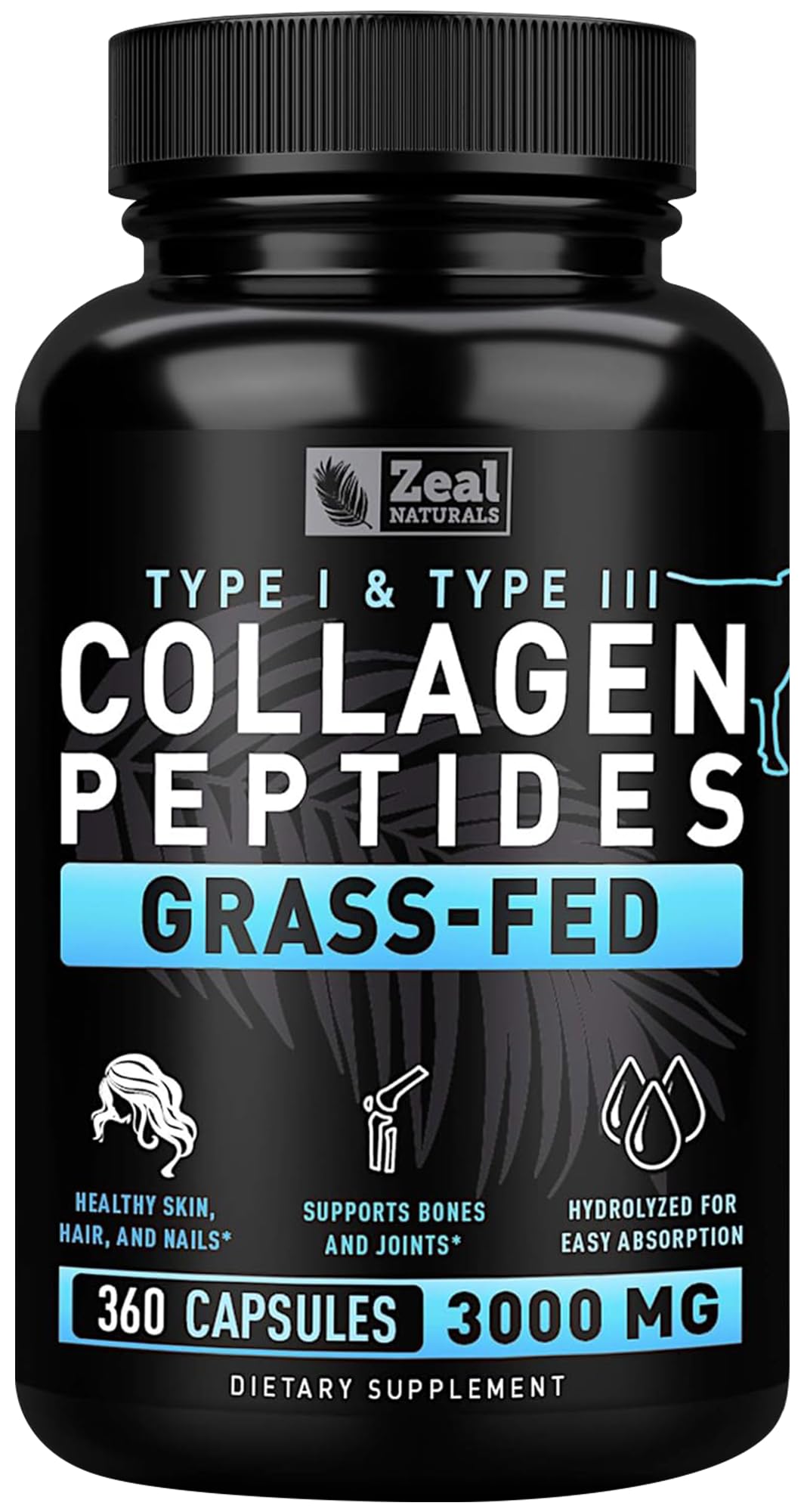 Collagen Peptides Capsules 360 Count - Grass Fed Bovine Hydrolyzed Collagen Pills - Hair, Skin & Nails, Joint Support - Collagen Supplements for Women & Men - Maple Wellness Supplements