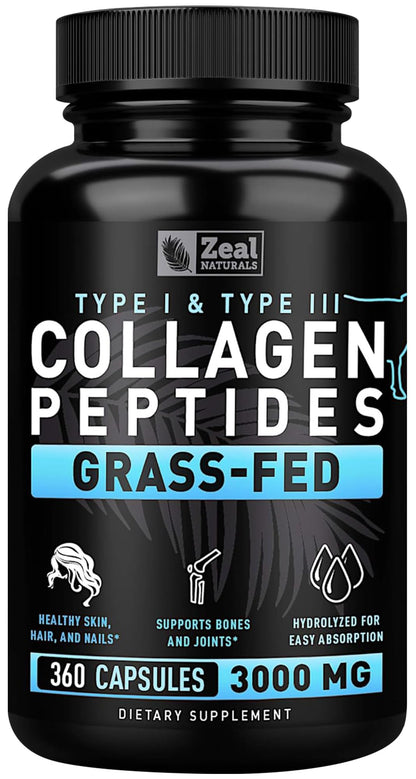 Collagen Peptides Capsules 360 Count - Grass Fed Bovine Hydrolyzed Collagen Pills - Hair, Skin & Nails, Joint Support - Collagen Supplements for Women & Men - Maple Wellness Supplements