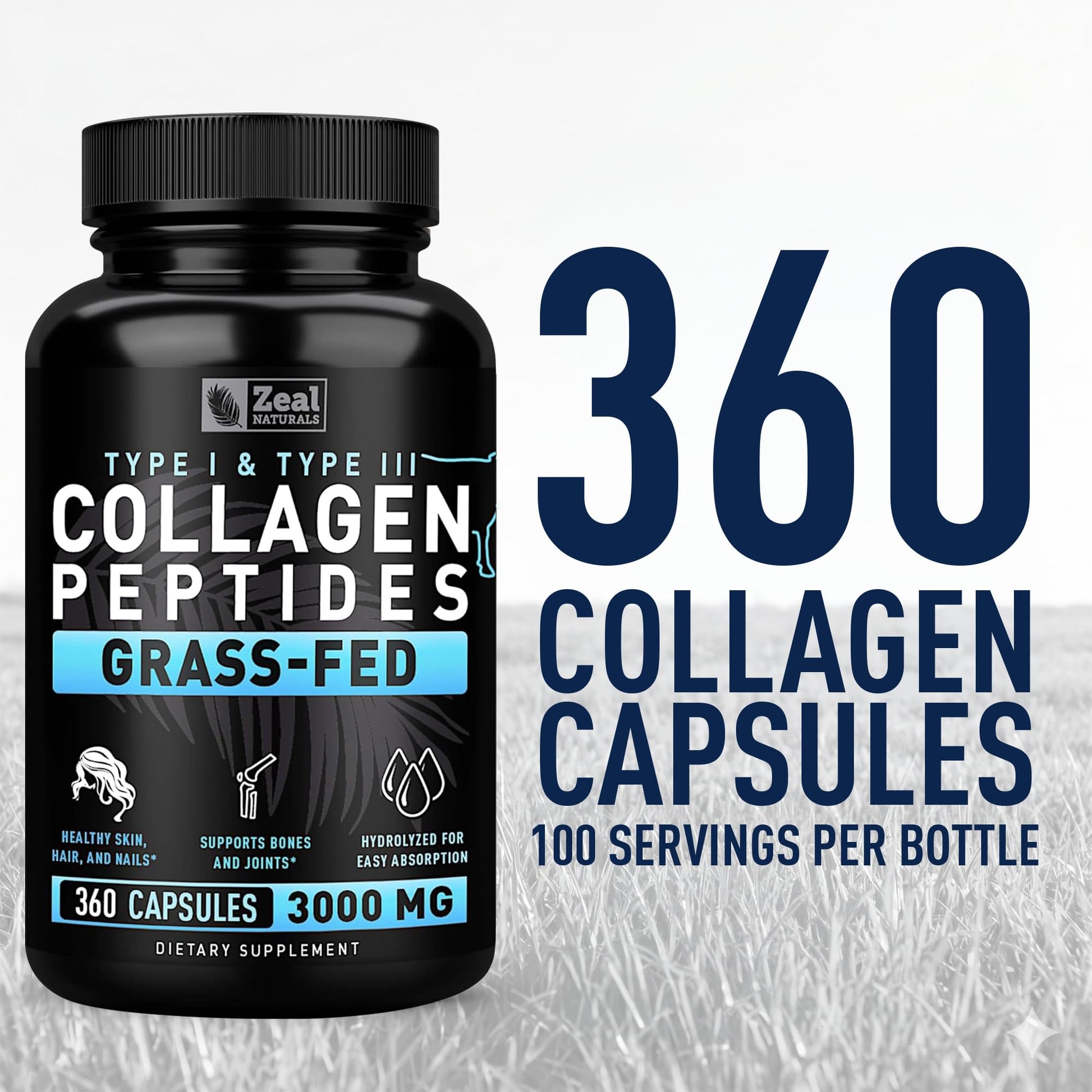 Collagen Peptides Capsules 360 Count - Grass Fed Bovine Hydrolyzed Collagen Pills - Hair, Skin & Nails, Joint Support - Collagen Supplements for Women & Men - Maple Wellness Supplements