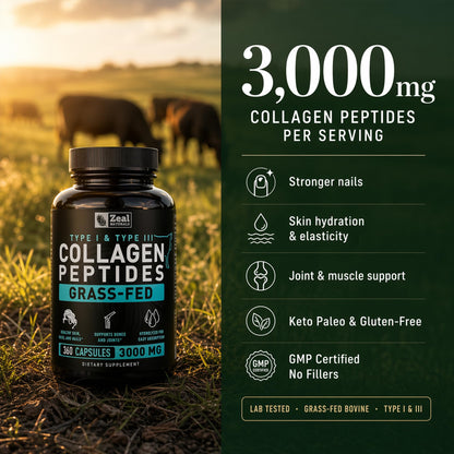Collagen Peptides Capsules 360 Count - Grass Fed Bovine Hydrolyzed Collagen Pills - Hair, Skin & Nails, Joint Support - Collagen Supplements for Women & Men - Maple Wellness Supplements