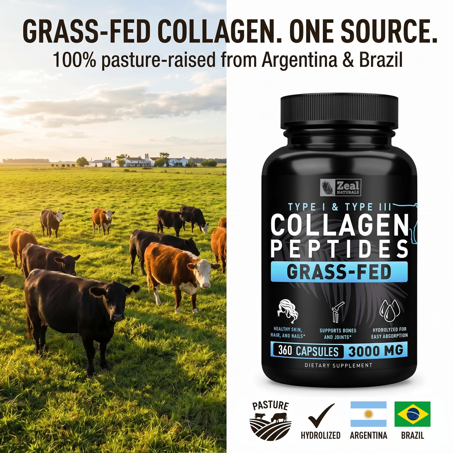 Collagen Peptides Capsules 360 Count - Grass Fed Bovine Hydrolyzed Collagen Pills - Hair, Skin & Nails, Joint Support - Collagen Supplements for Women & Men - Maple Wellness Supplements
