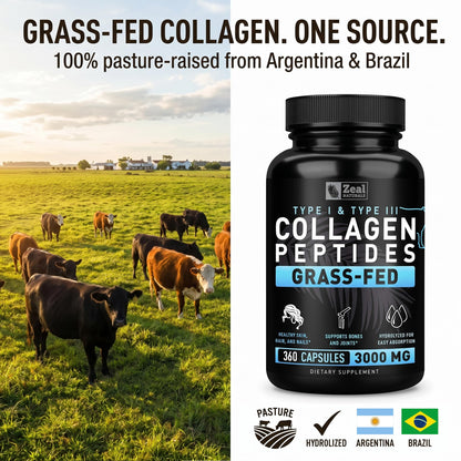 Collagen Peptides Capsules 360 Count - Grass Fed Bovine Hydrolyzed Collagen Pills - Hair, Skin & Nails, Joint Support - Collagen Supplements for Women & Men - Maple Wellness Supplements
