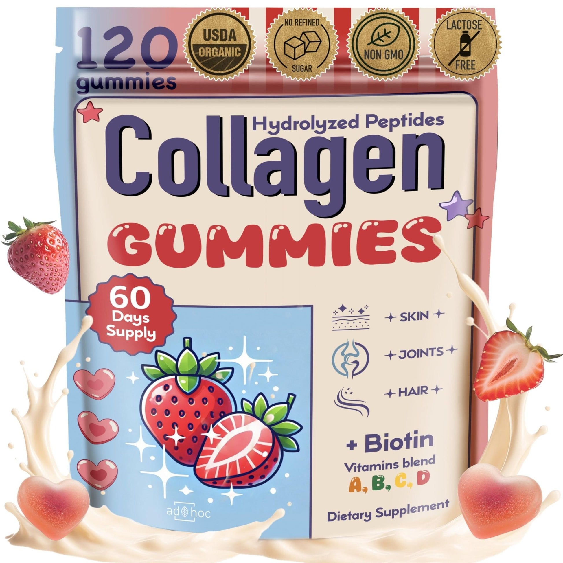 Collagen Peptides Gummies for Women – Biotin, Zinc, Vitamin D3 – 120 Count – Hydrolyzed Collagen Gummy Complex – Hair, Skin & Nails Support – Sugar-Free, Halal, Lactose-Free, Strawberry Cream Flavor - Maple Wellness Supplements