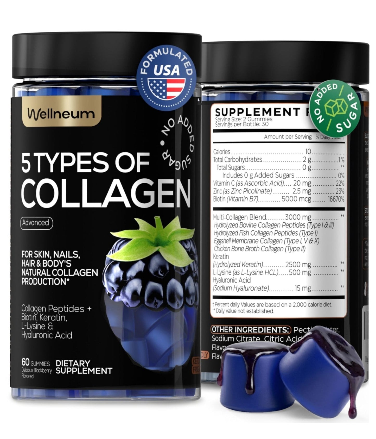 Collagen Peptides Gummies Sugar Free 3000mg Multi Collagen Blend for Hair Skin & Nails Support + 2500mg Keratin + 5000mcg Biotin, Hyaluronic Acid, - Maple Wellness Supplements